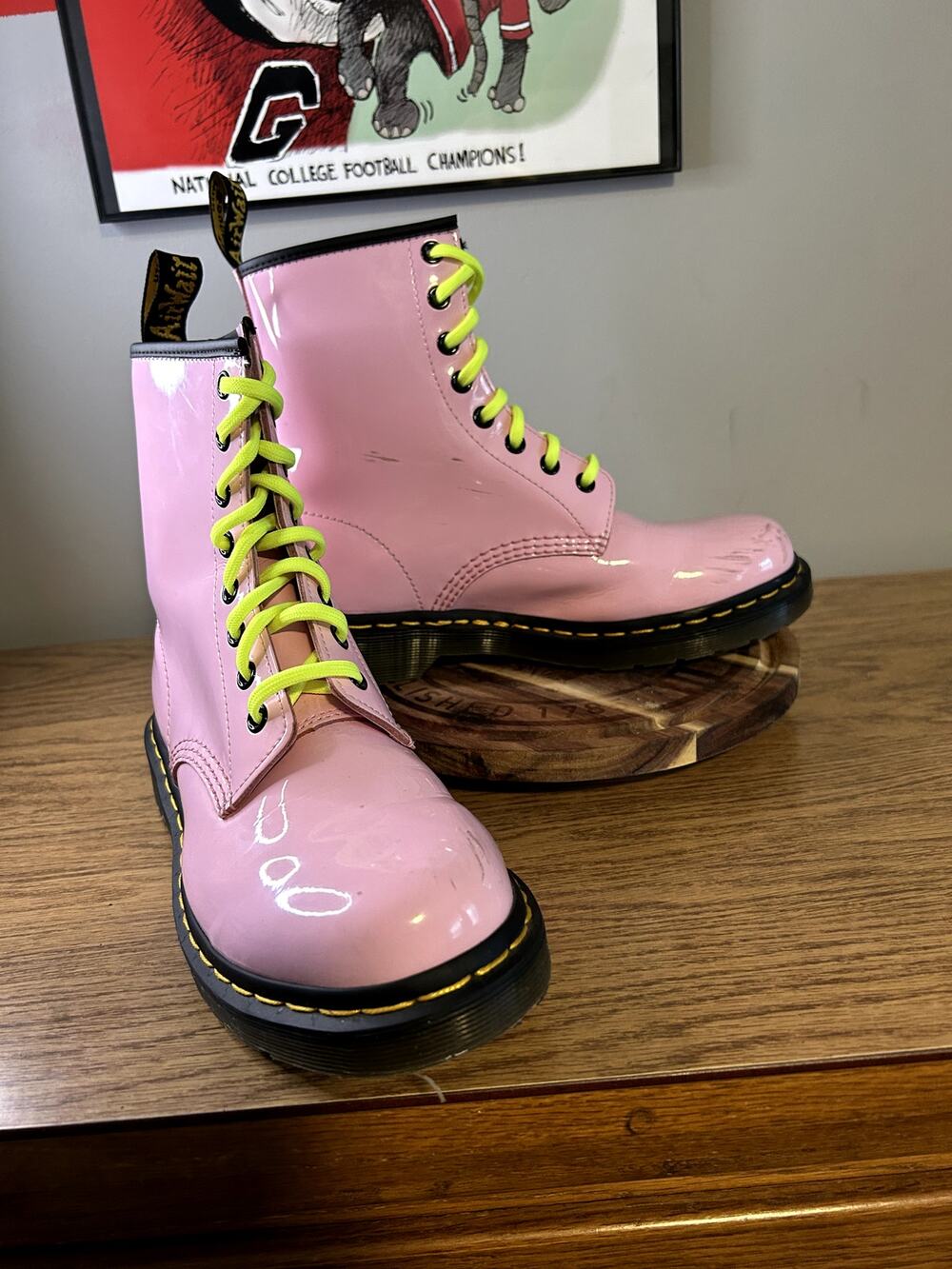 Dr Martens 1460W Pale Pink Patent Leather Vintage Neon Yellow Laces size 8/EU 39